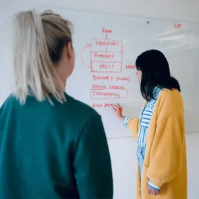 Charmagne and Abigail brainstorming on whiteboard