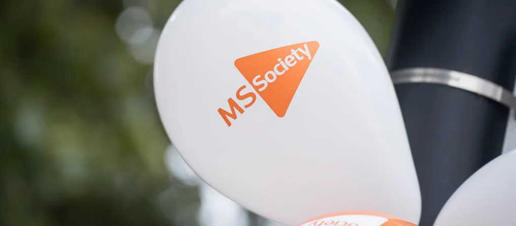 White balloon with MS Society logo